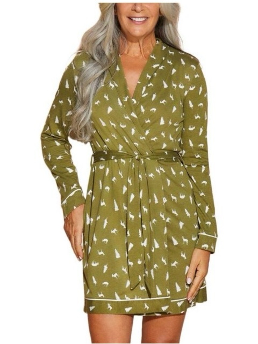 New Cosabella Green Ski Trip Printed cotton robe Aloe Woodland Robe with Tie lar